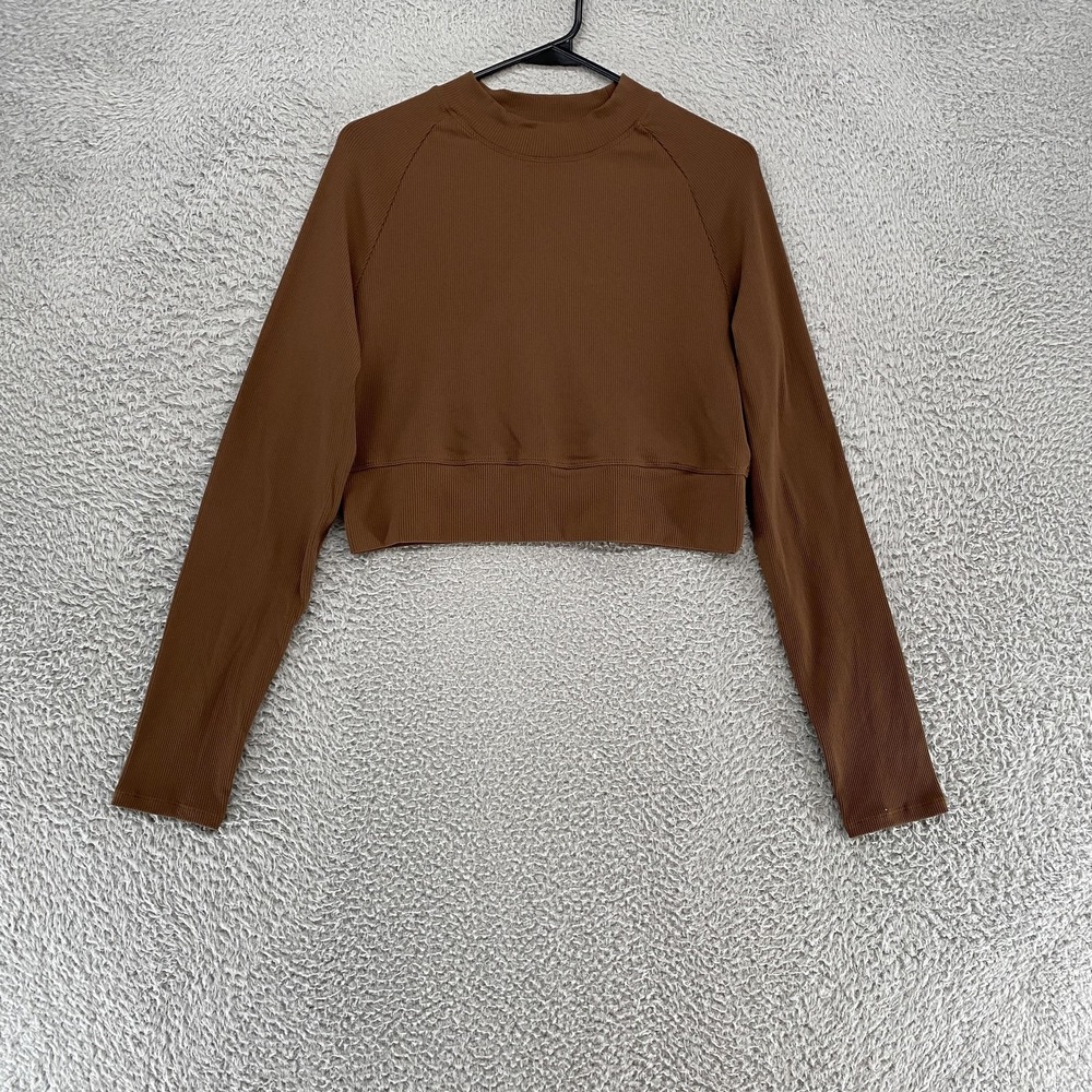 Halara Crop Top Womens XL Brown Ribbed Long Sleeve Yoga Workout Gym Athletic